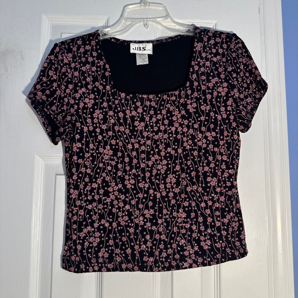 JBS Petite Medium Vintage Pink and black sparkling top